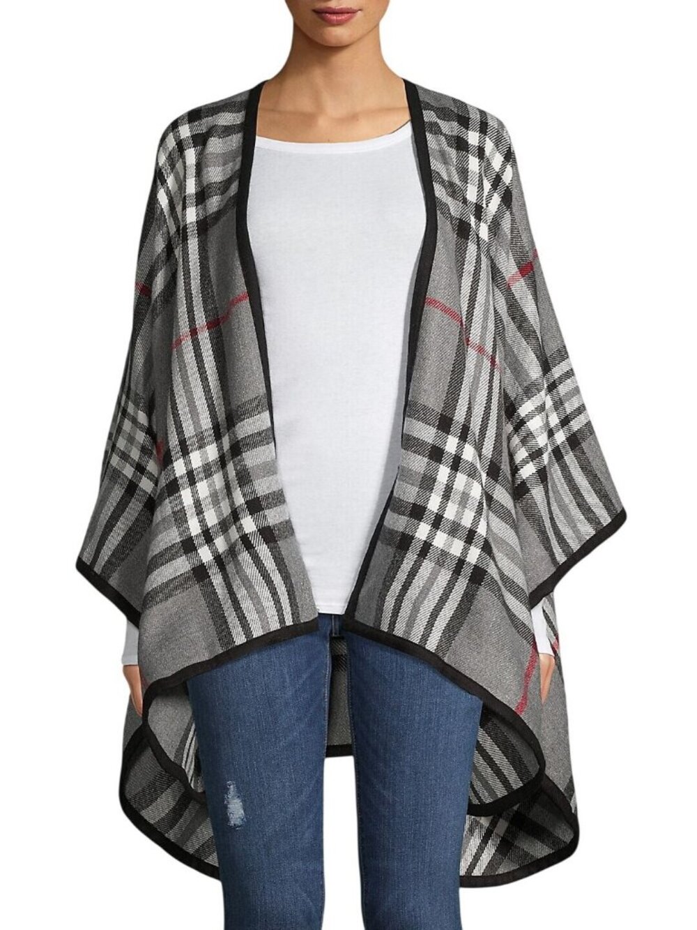 NWT V. Fraas Womens Solid Border Plaid Rounded Edge Wrap Ruana Shawl Gray Multi